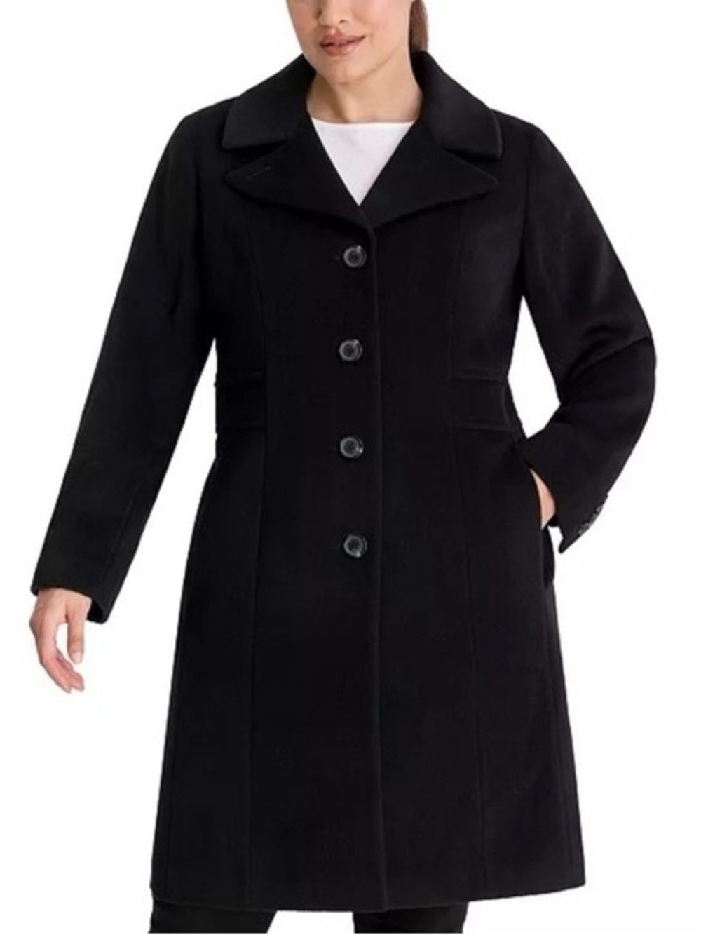 Anne Klein Black Wool-Blend Pea Coat with Button Front